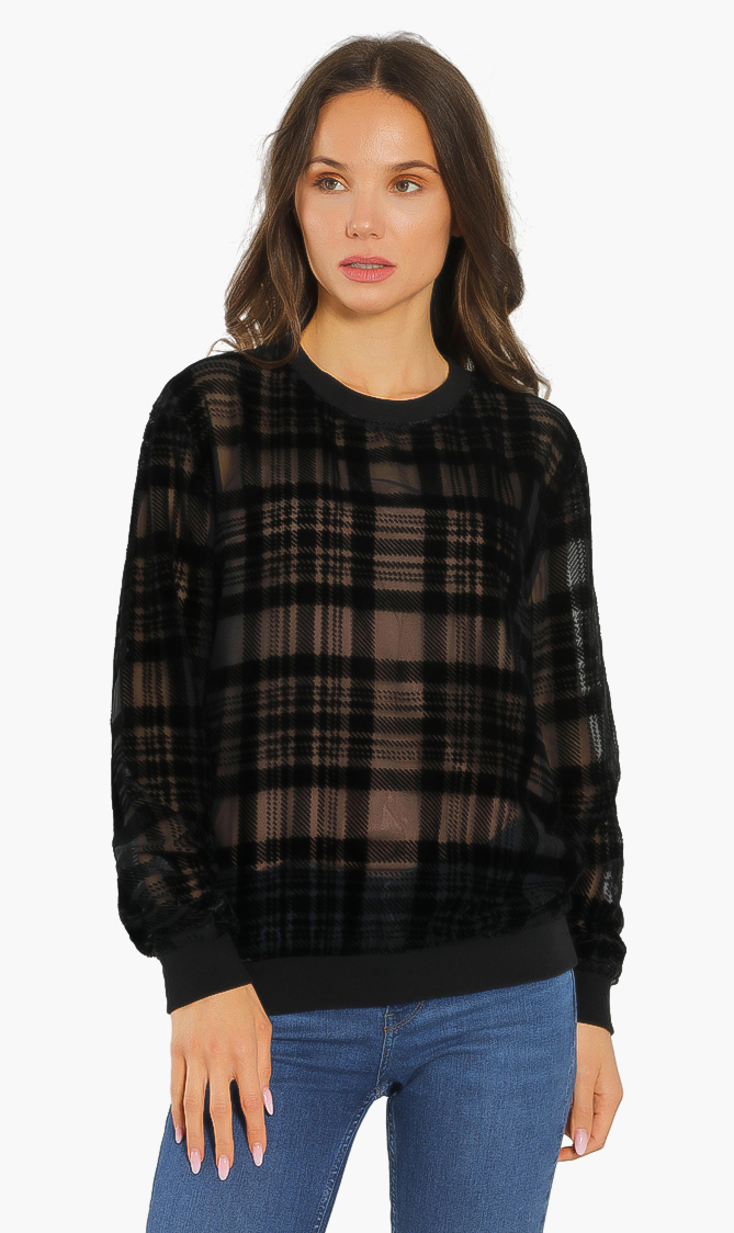 Replay Velour Checkered Long Sleeve Top