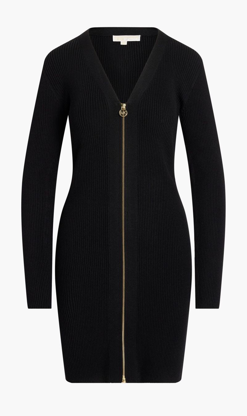 Michael Kors Black Ribbed V Neck Zipped Dress for Women | The Deal Outlet