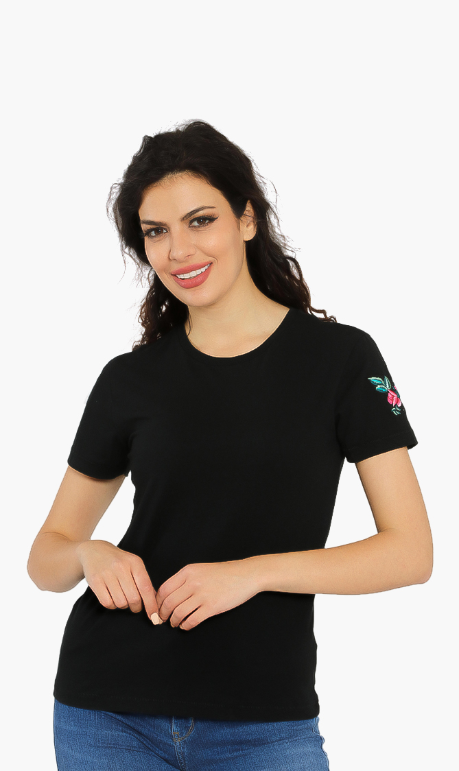 Floral Embroidered T-shirt, Black