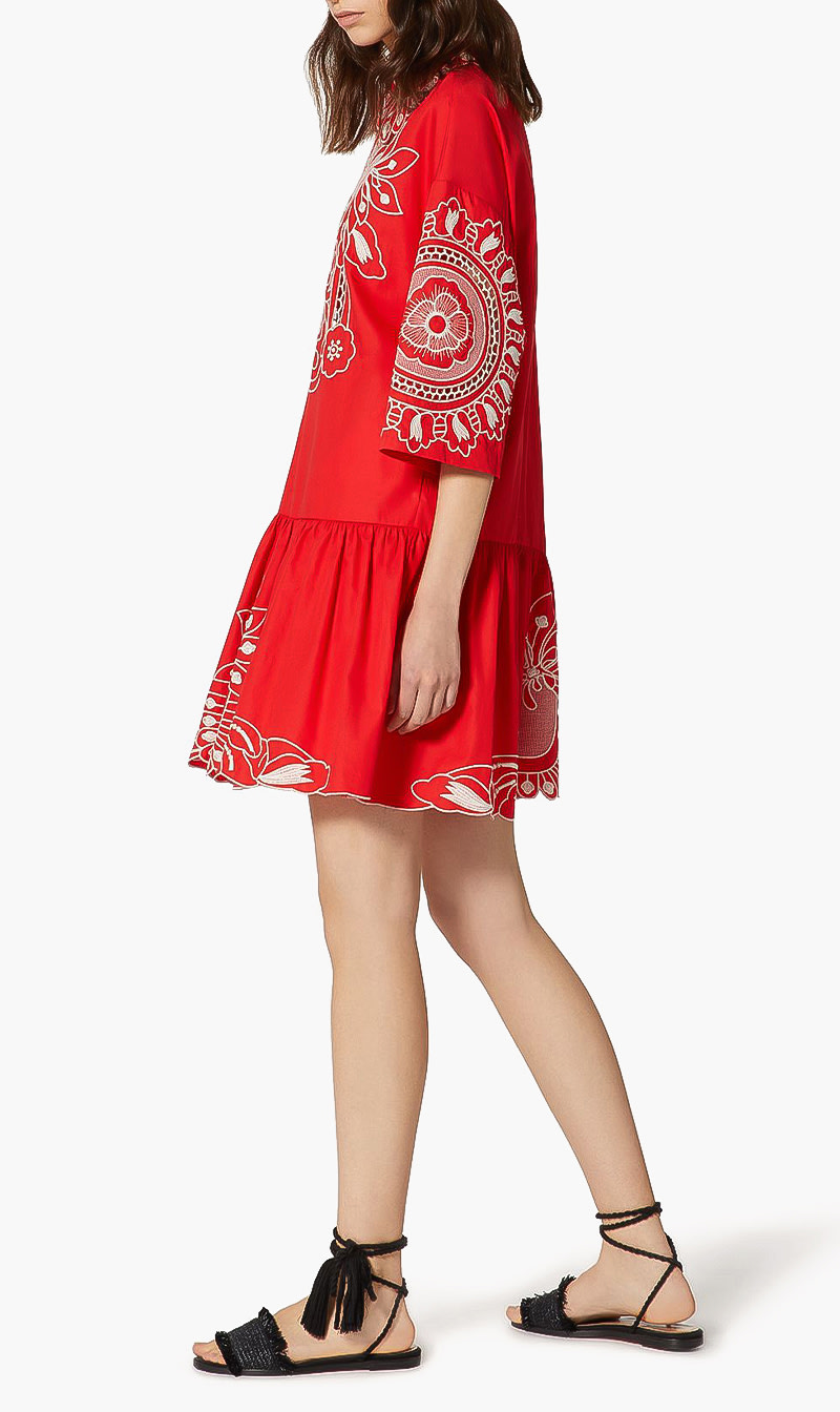 All Over Embroidered Dress, Red