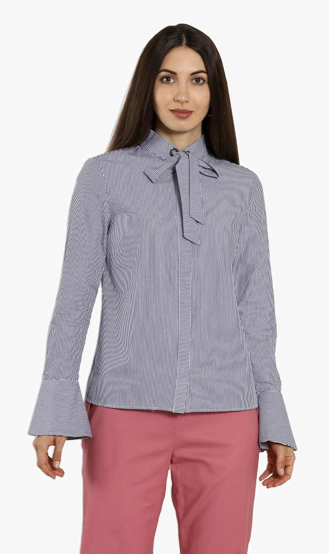 Stripes Flared Cuff Pussycat Bow Blouse