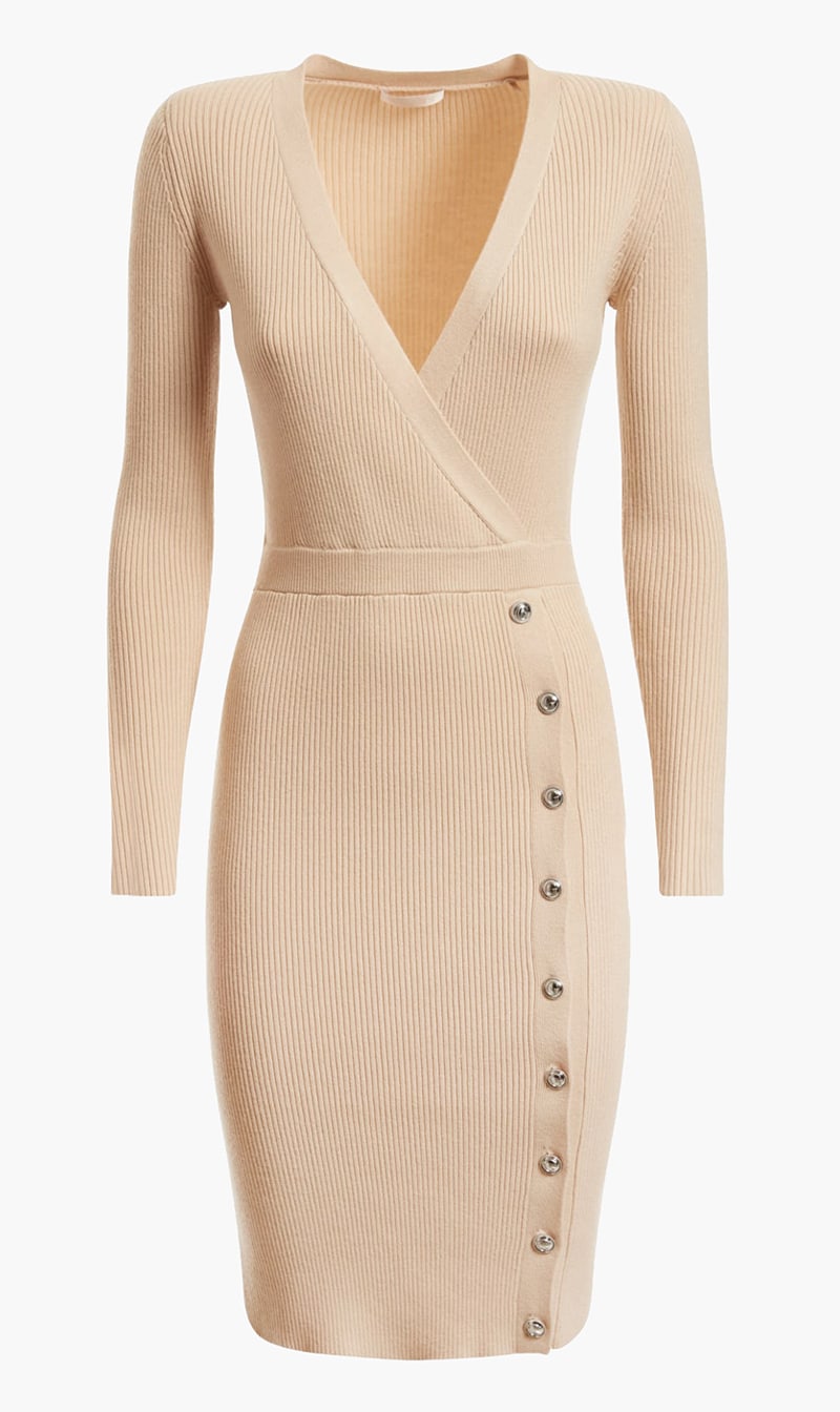 Front Button Sweater Dress, Beige