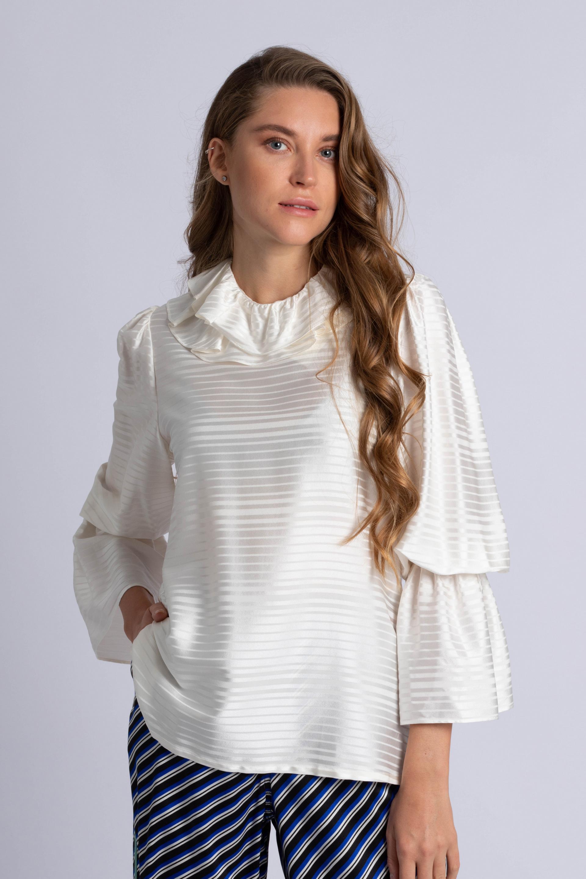 Tory Burch Satin Stripe Ruffle Blouse