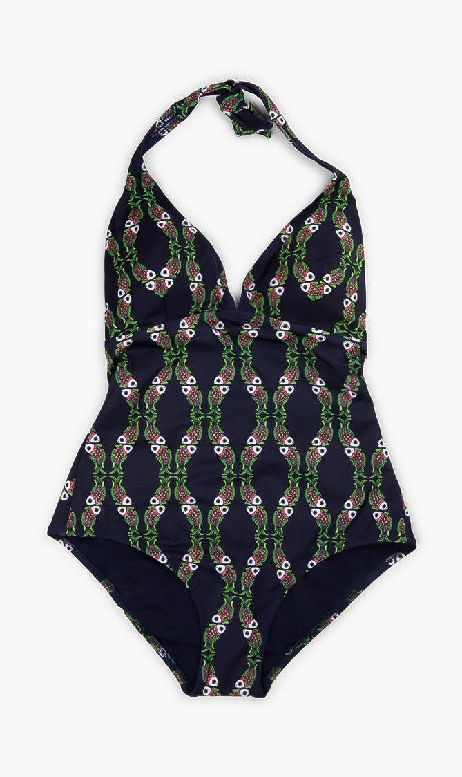 One-piece Sweet Fishes Halter Swimsuit, Blue