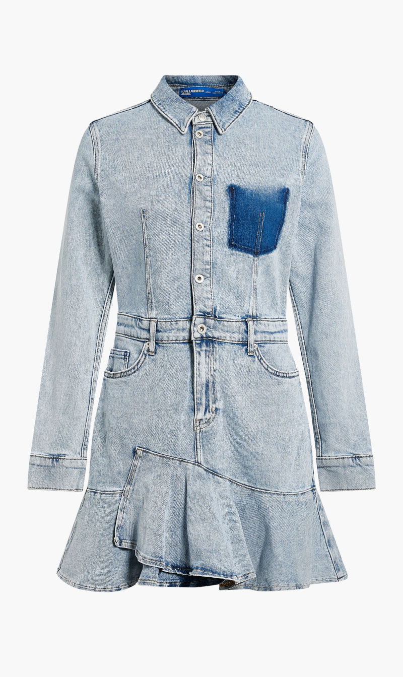 Karl Lagerfeld Blue Klj Ruffled Hem Denim Dress for Women | The Deal Outlet