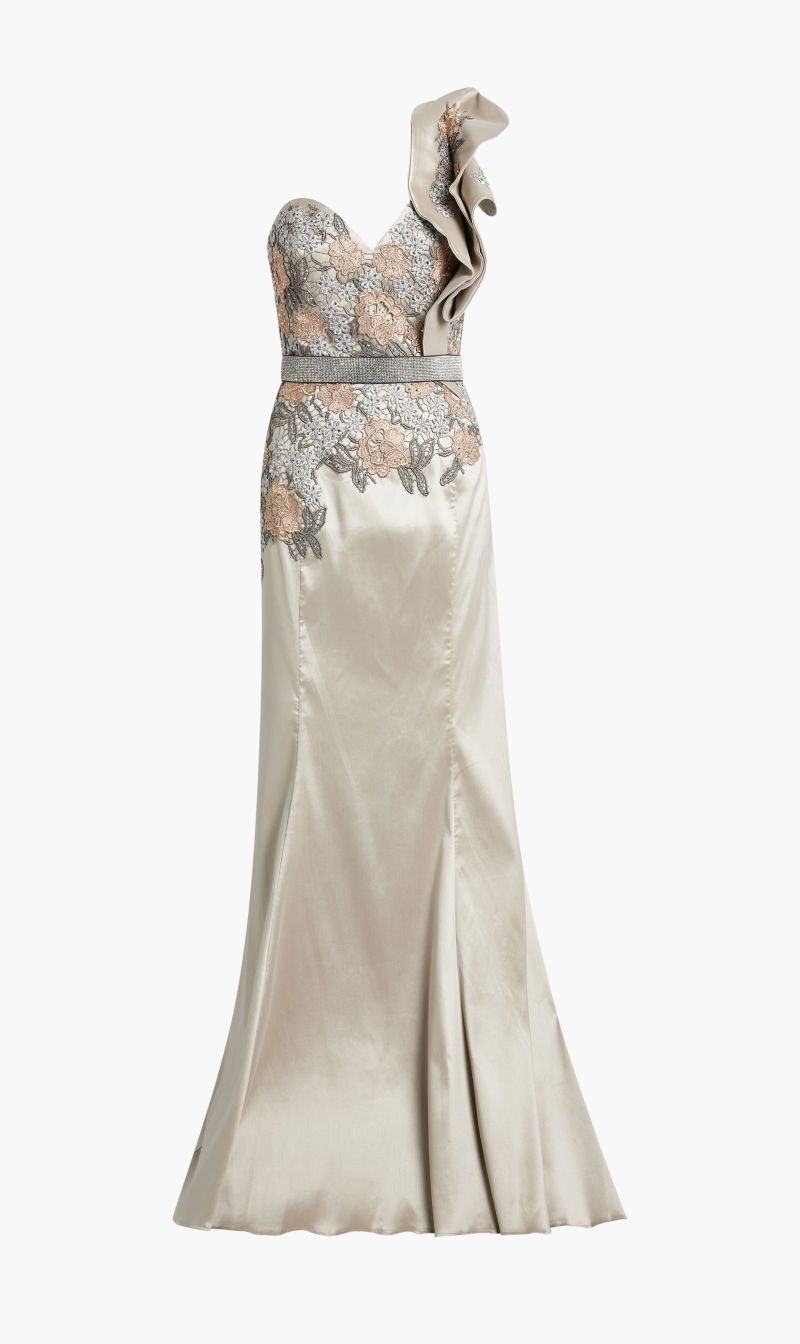 Terani Couture Beige 3d Lace Long Dress for Women | The Deal Outlet