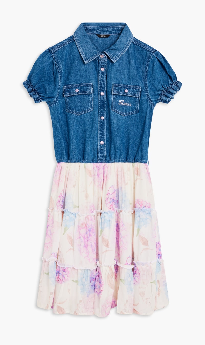 Guess Blue Mixed Fabric Dress for Girls | The Deal Outlet