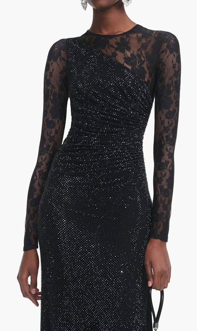 BLACK RHINESTONE LACE SLEEVES MAXI DRESS