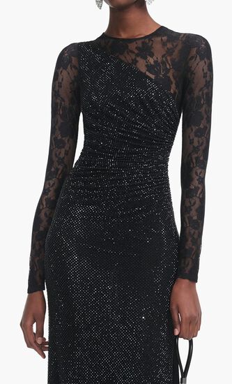 BLACK RHINESTONE LACE SLEEVES MAXI DRESS