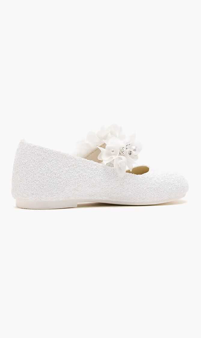 SINGLE STRAP VELCRO FLOWERS PEARLS SWAROVSKI CRYSTALS EMBELLISHED GLITTER FABRIC BALLERINAS