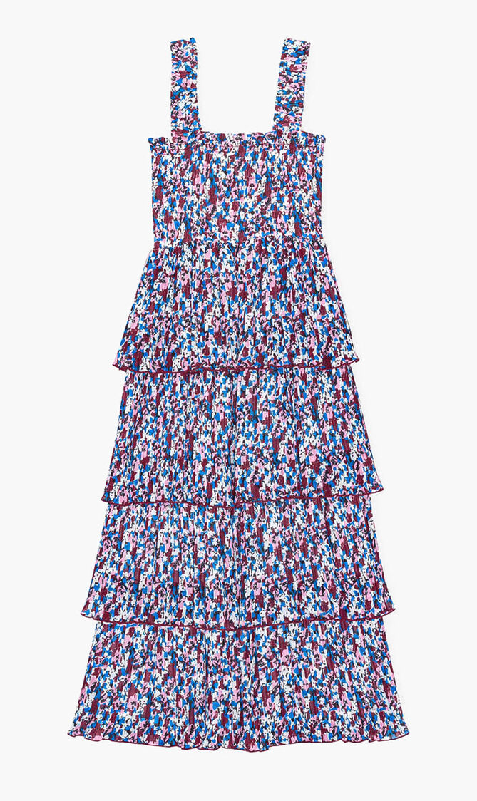 PLEATED GEORGETTE FLOUNCE SMOCK MIDI DRESS