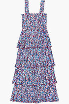 PLEATED GEORGETTE FLOUNCE SMOCK MIDI DRESS