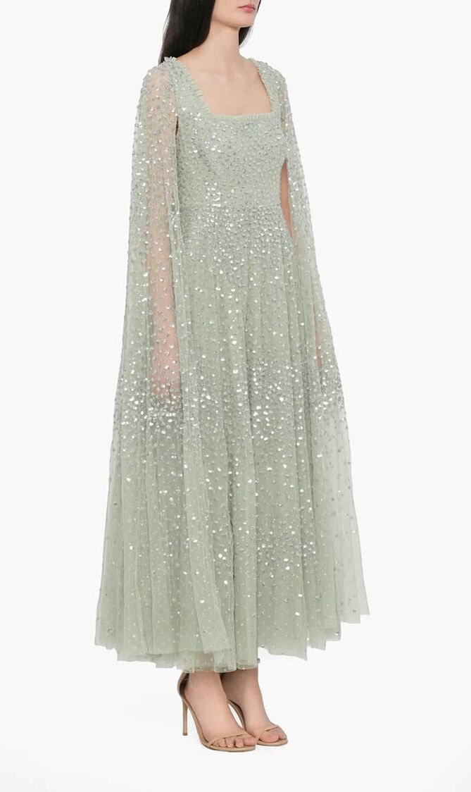 Scatter Dot Cape Sleeves Ankle Gown