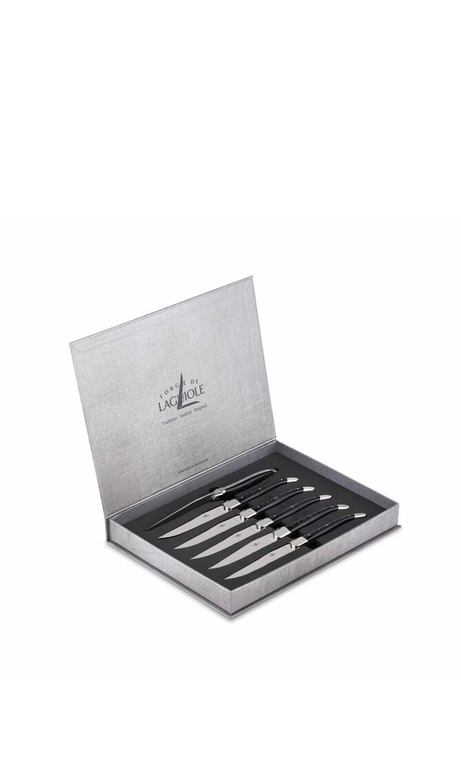 FDL SET OF 6 TABLE KNIVES, BLACK COMPRESSED FABRIC HANDLE, 2 BOLSTERS