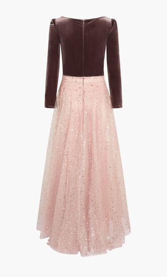 VELVET TOP & SEQUINED GLITTERED TULLE LONG SKIRT