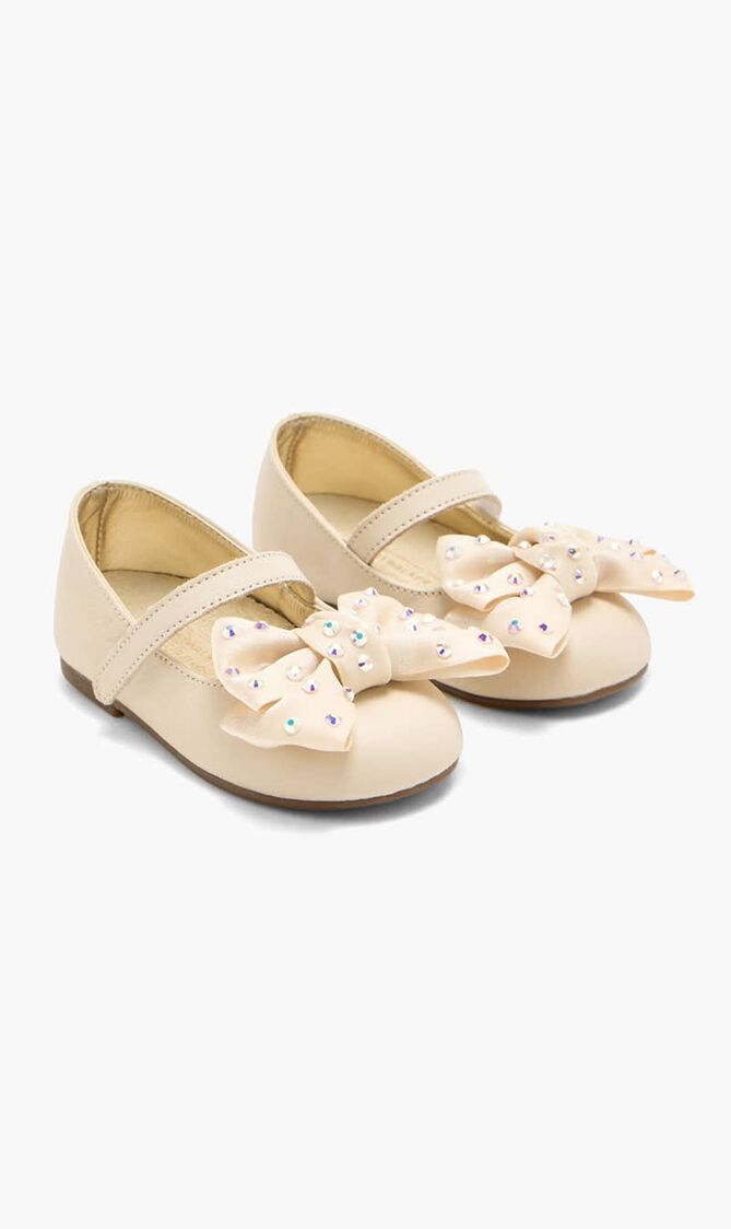 SWAROVSKI CRYSTALS EMBELLISHED BOW SINGLE STRAP LEATHER BALLERINAS