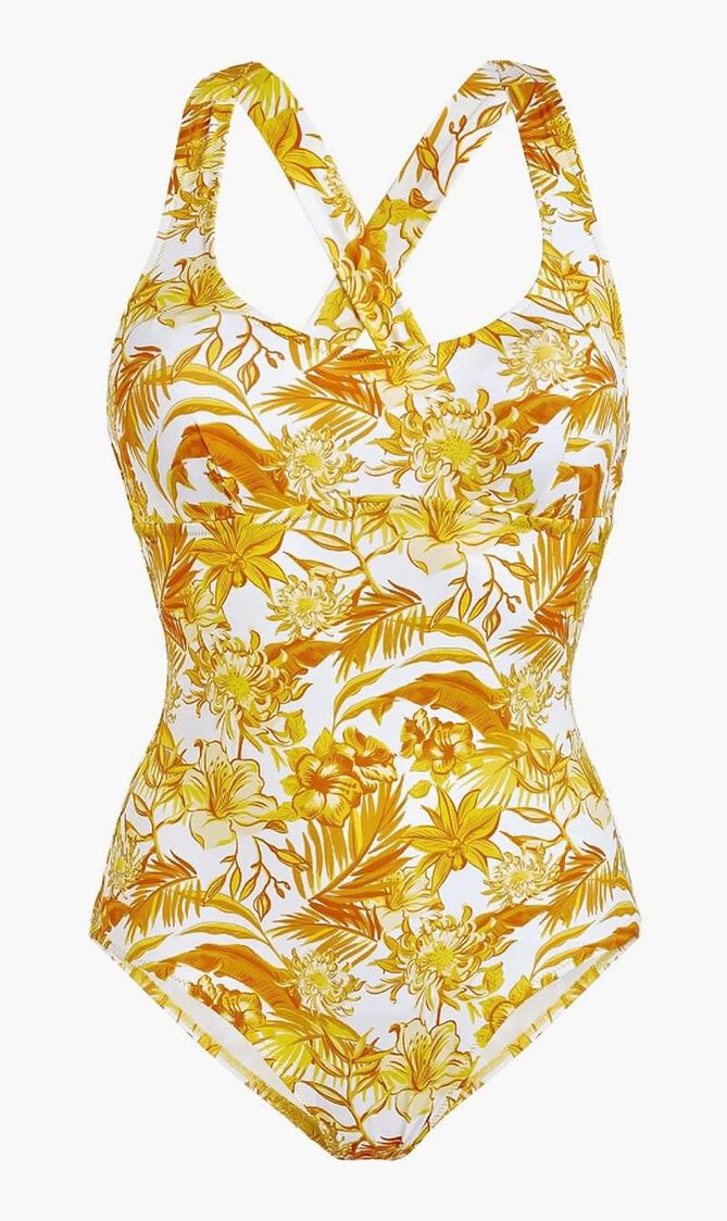 Tahiti Flowers Crossed Back Straps One Piece Swimsuit