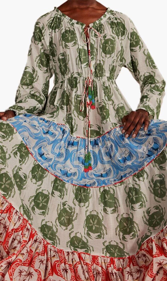 Stamp Mix Long Sleeve Maxi Dress