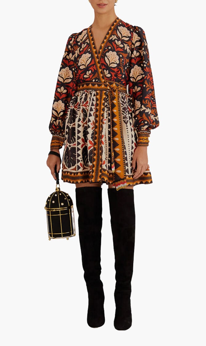 TAPESTRY GARDEN MULTICOLOR V NECKLINE MINI DRESS