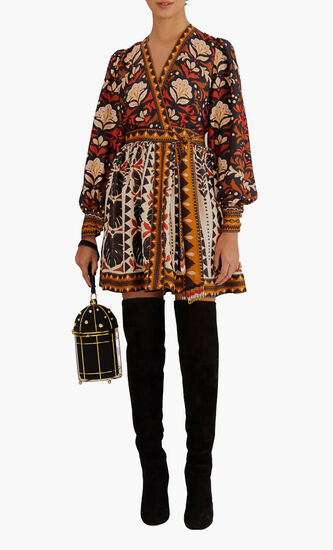 TAPESTRY GARDEN MULTICOLOR V NECKLINE MINI DRESS