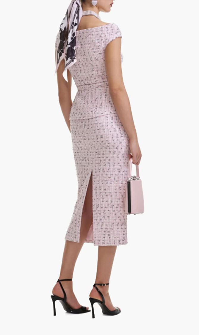 PINK BOUCLE PEARL MIDI DRESS
