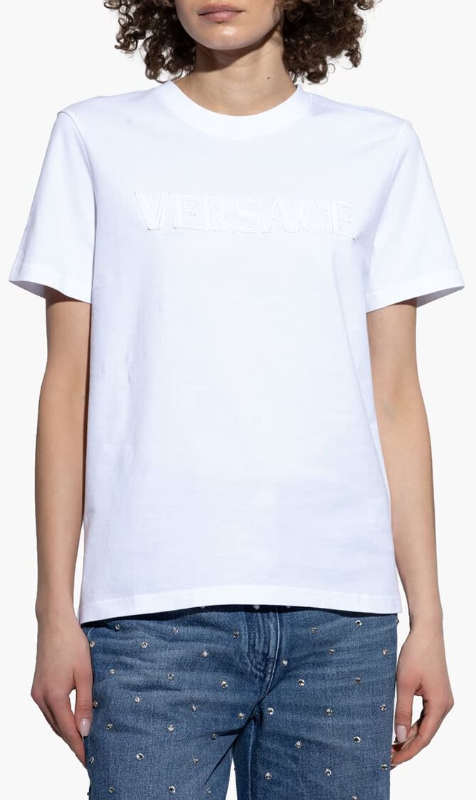 T-SHIRT VERSACE FRINGED LOGO EMBROIDERY COTTON JERSEY