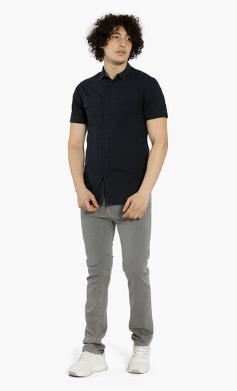 Slim Fit Contrast Grid Short Sleeves Shirt
