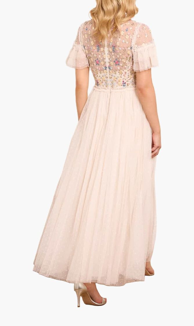 Flowerbed Embroidery Bodice Round Neck Ankle Gown