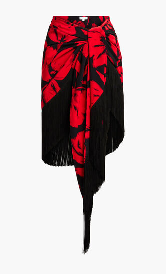 Brushstroke Floral Silk Crepe De Chine Fringed Sarong Skirt