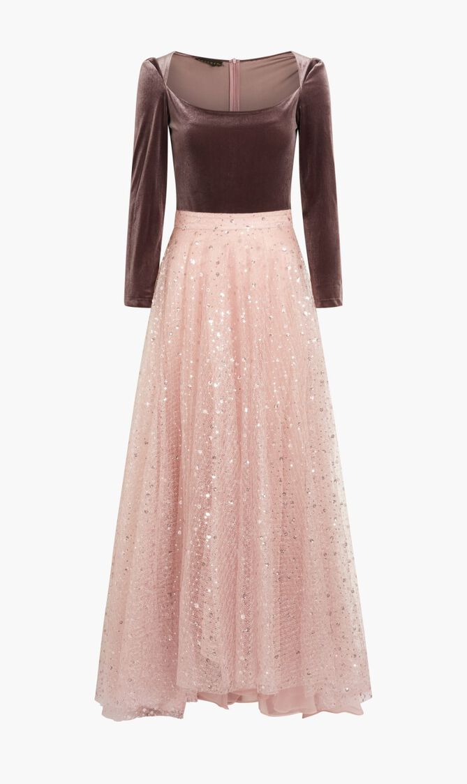 VELVET TOP & SEQUINED GLITTERED TULLE LONG SKIRT