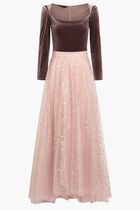 VELVET TOP & SEQUINED GLITTERED TULLE LONG SKIRT