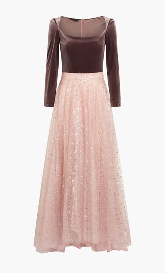 VELVET TOP & SEQUINED GLITTERED TULLE LONG SKIRT