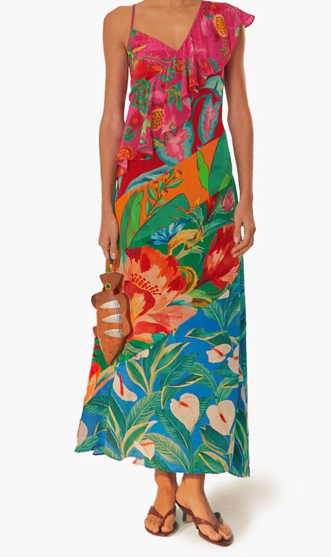 Mixed Flowery Rufle One Strap Midi Dress