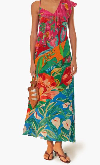 Mixed Flowery Rufle One Strap Midi Dress