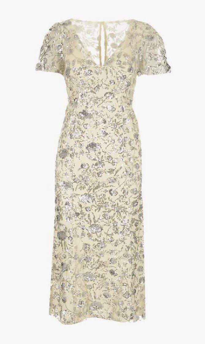CHAMPAGNE SEQUINNED MIDI DRESS