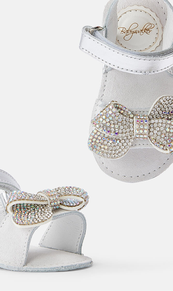 CRYSTAL BOW EMBELLISED DOUBLE STRAP LEATHER SANDALS