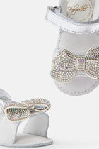 CRYSTAL BOW EMBELLISED DOUBLE STRAP LEATHER SANDALS
