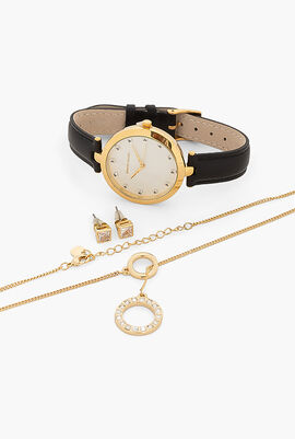 Leather Band Analog Watch and Jewelry Set