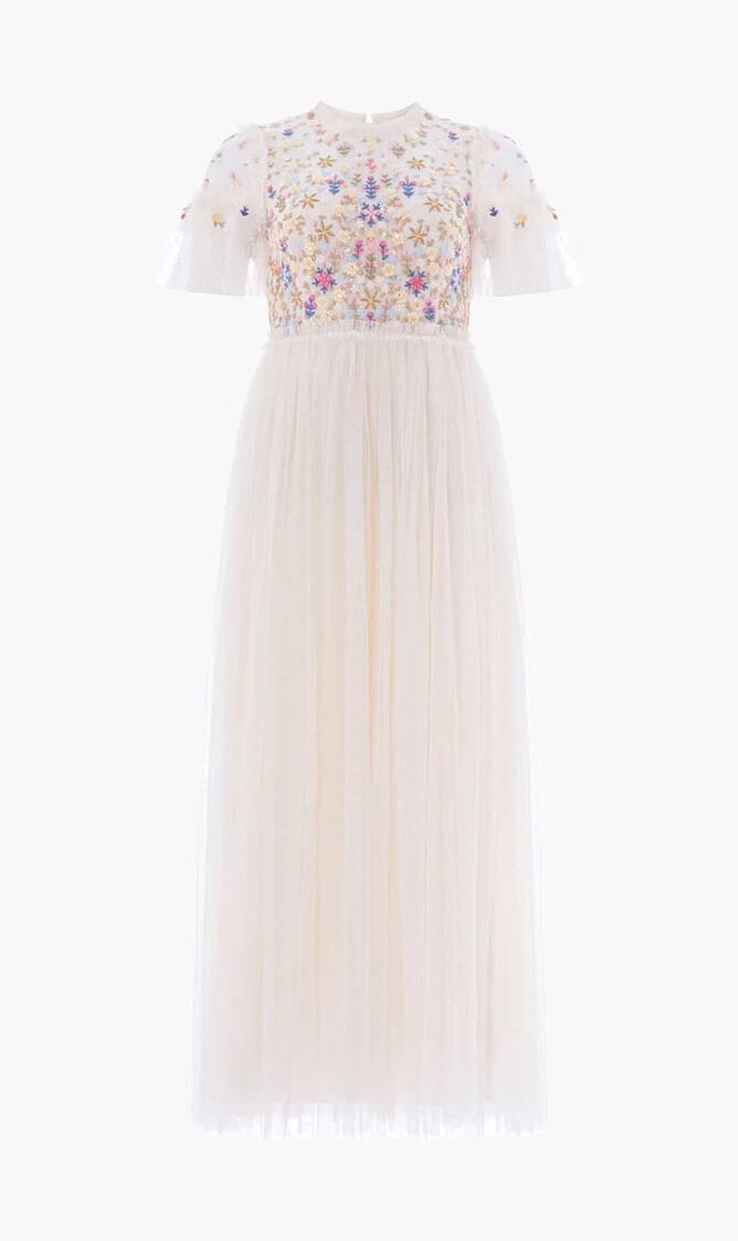 Flowerbed Embroidery Bodice Round Neck Ankle Gown