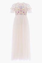 Flowerbed Embroidery Bodice Round Neck Ankle Gown