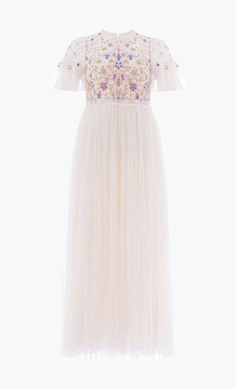 Flowerbed Embroidery Bodice Round Neck Ankle Gown