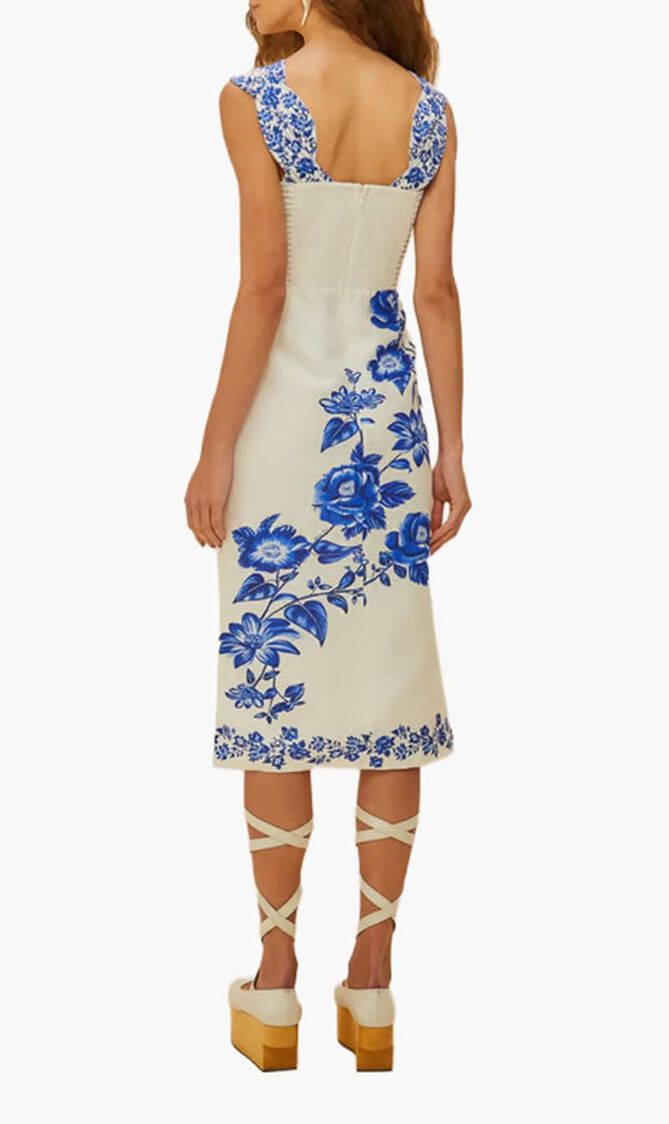 BLUE FLORAL CASCADE OFF WHITE WAVY SLEEVELESS MIDI