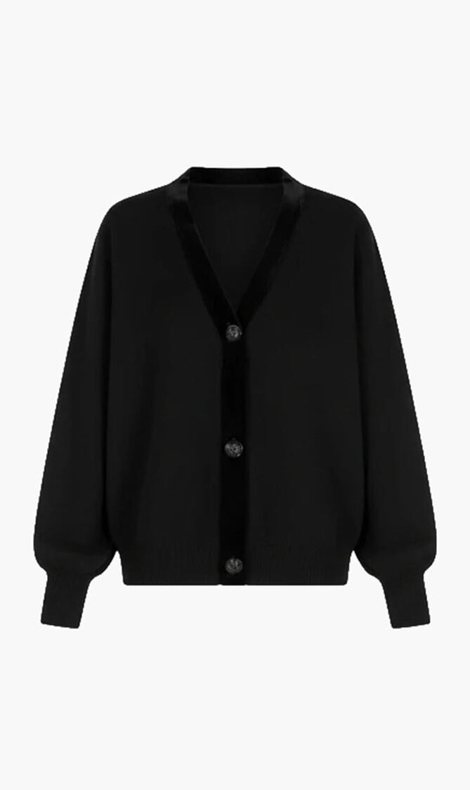 Velvet Trim Wool Blend Cardigan
