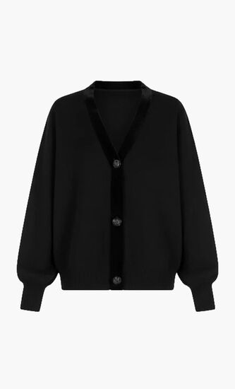 Velvet Trim Wool Blend Cardigan