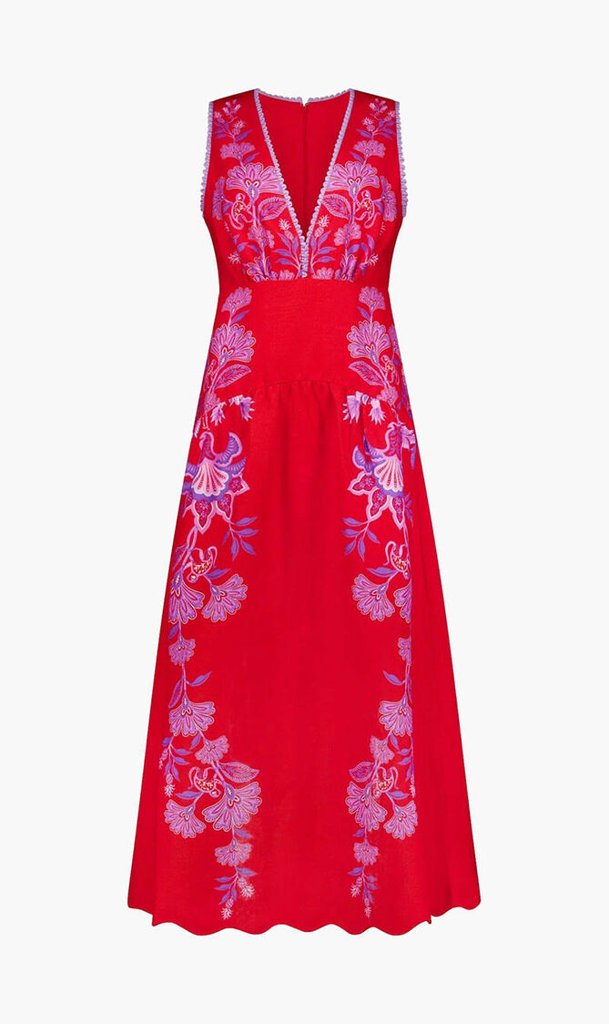 PORCELAIN GARDEN RED MIDI DRES
