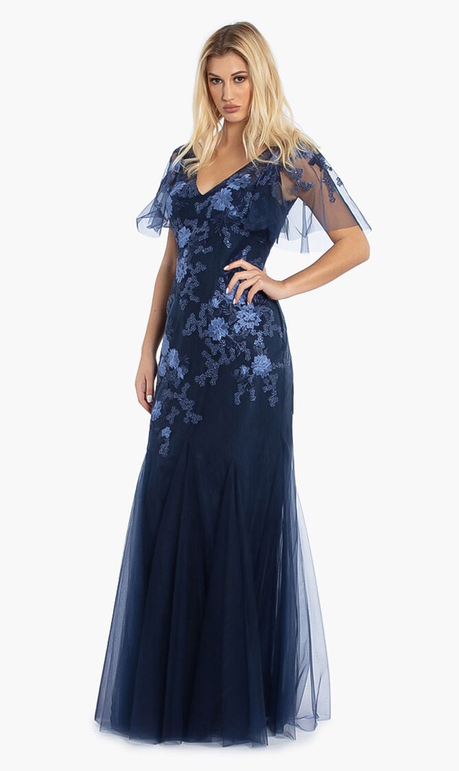Cape SL Floral Embroidery Tulle Gown
