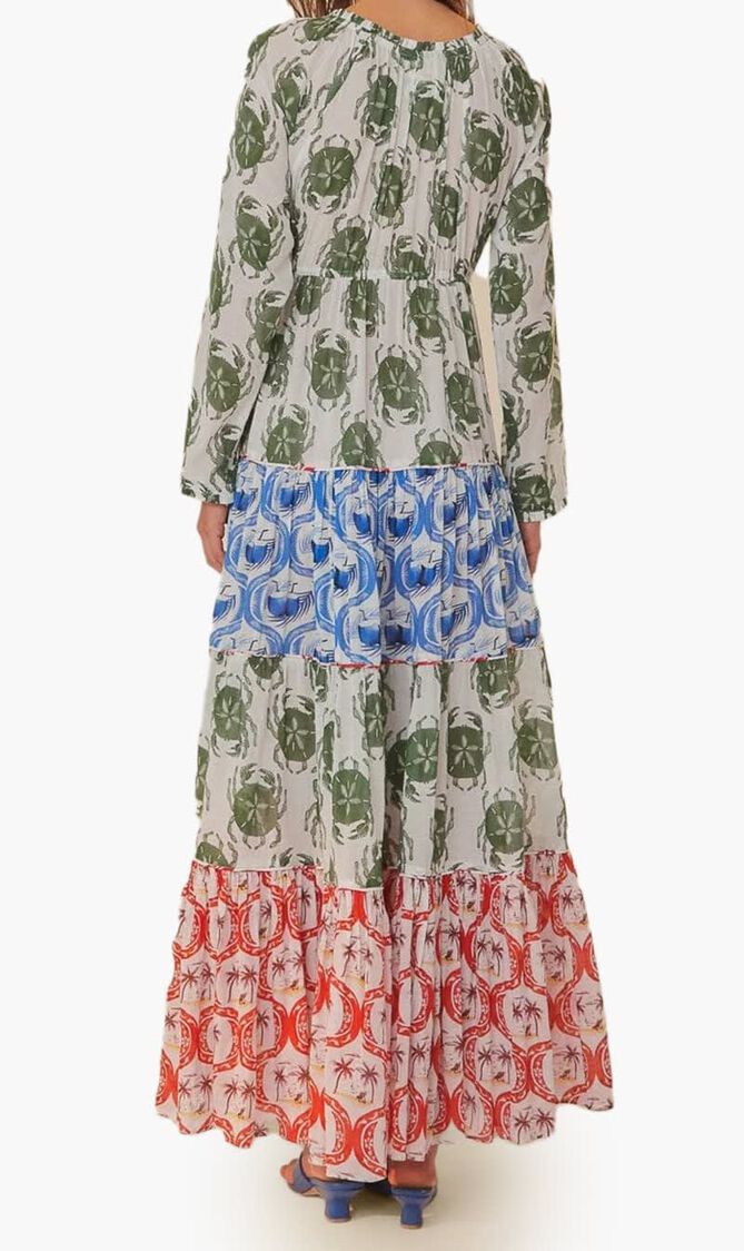 Stamp Mix Long Sleeve Maxi Dress