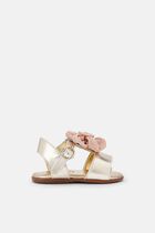 CHIFFON FLOWER EMBELLISHED LEATHER SANDALS