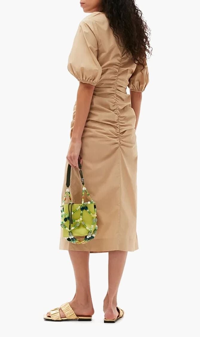 COTTON POPLIN GATHERED OPEN-NECK MAXI DRESS