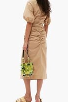 COTTON POPLIN GATHERED OPEN-NECK MAXI DRESS